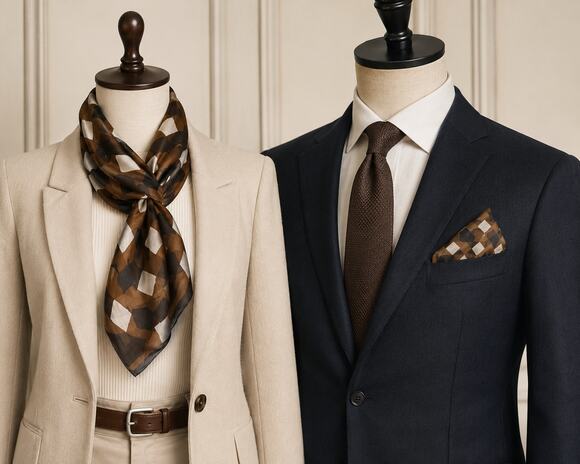 Burmel Accessories - Vintage Burmel pocket square scarf 21"x 20.5" pattern brown white black SILK